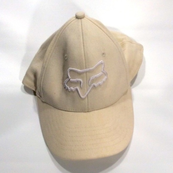 FOX | Beige Elastic Fitted Hat White Logo Stretch Cream Color - Picture 4 of 8